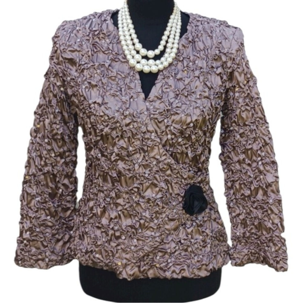 Vintage Cachet Top Silky Evening Wedding Taupe Beaded Faux Wrap Size XL Elegant